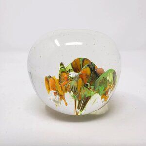 NORLEANS? 3" Glass Paperweight Green Yellow Floral Swirl Bubbles Flat Top Japan